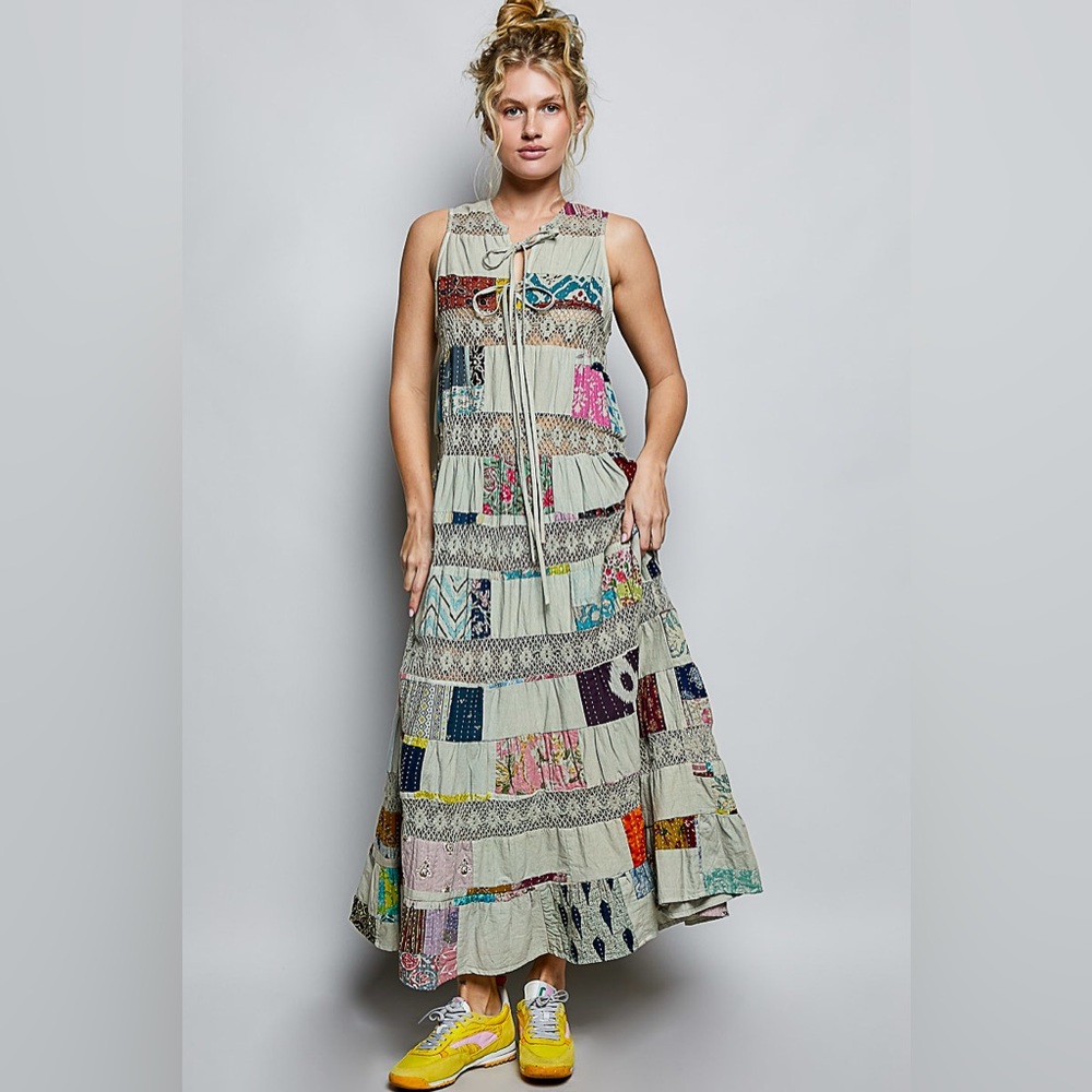 PT7 Last 2! POL Bohemian Patchwork Maxi Dress in Sage Green - Picture 5 of 5